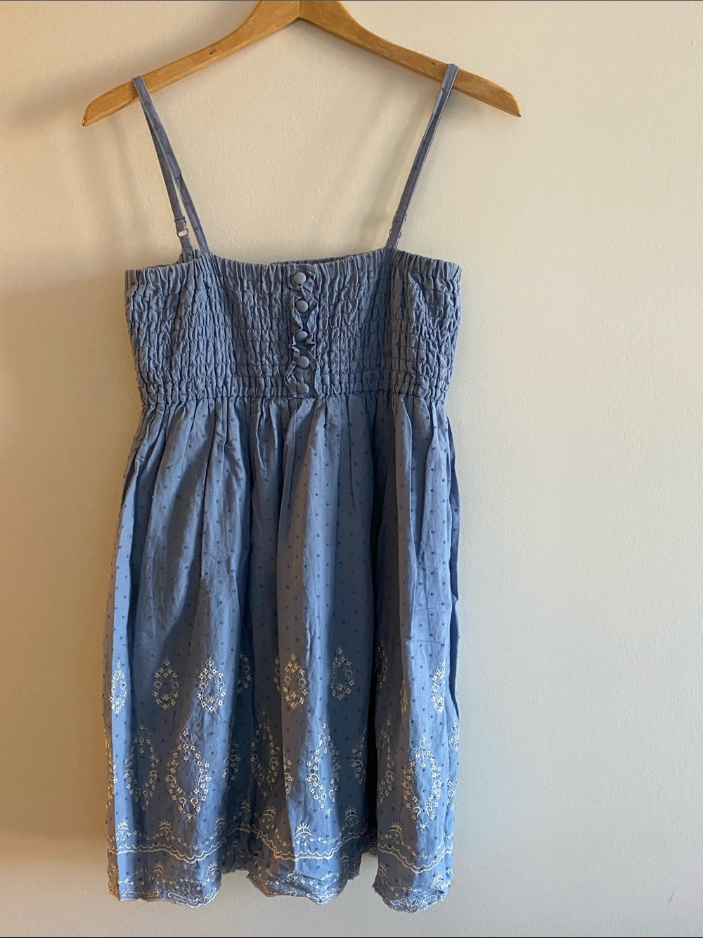 Blue Embroidered Sundress with Smocked Bodice